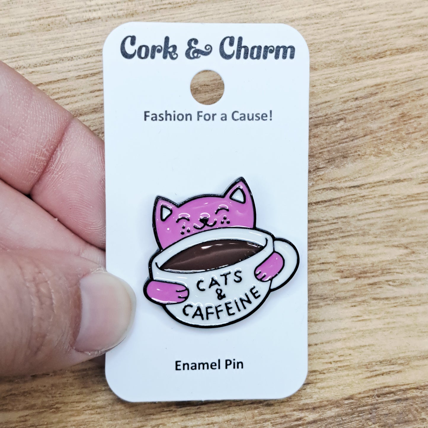 Pink Cat and Coffee Enamel Pin
