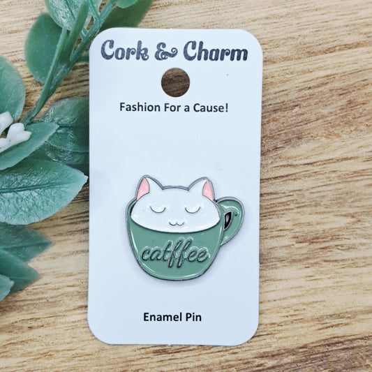 White Cat Catfee Coffee Enamel Pin