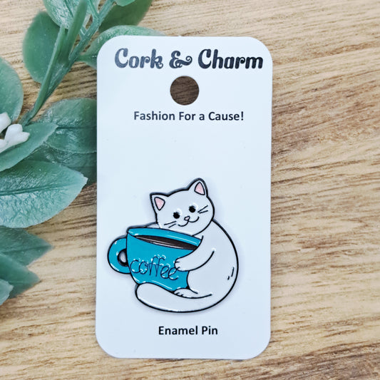 White Cat Coffee Enamel Pin