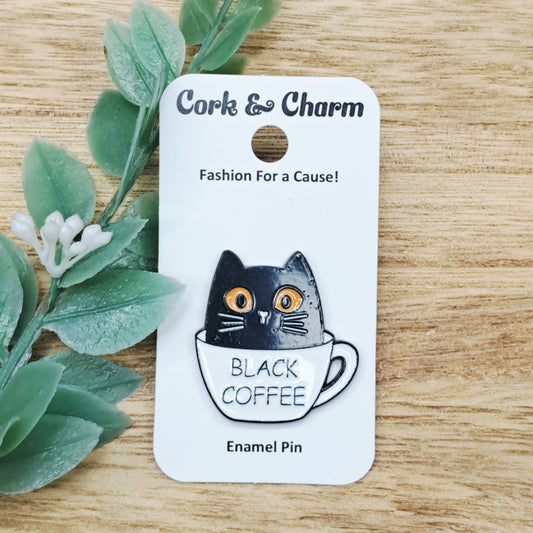 Black Cat Black Coffee Enamel Pin